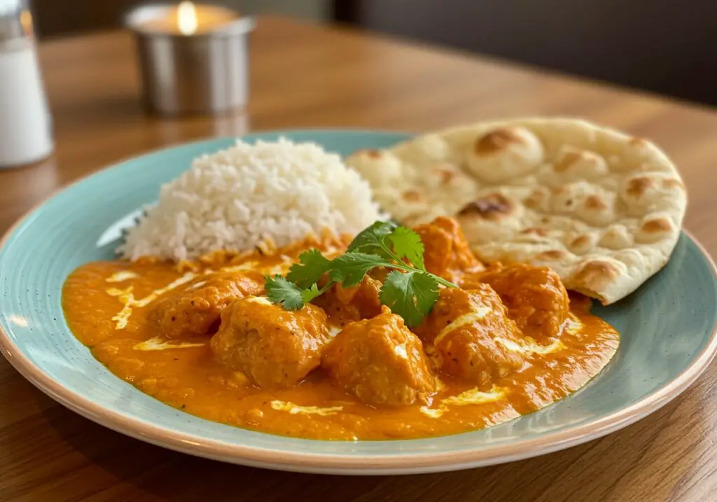 A stunning presentation of homemade butter chicken served with naan and rice, an inviting display of a flavorful Indian delight ready to be enjoyed.