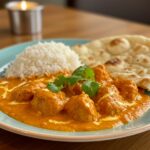 A stunning presentation of homemade butter chicken served with naan and rice, an inviting display of a flavorful Indian delight ready to be enjoyed.