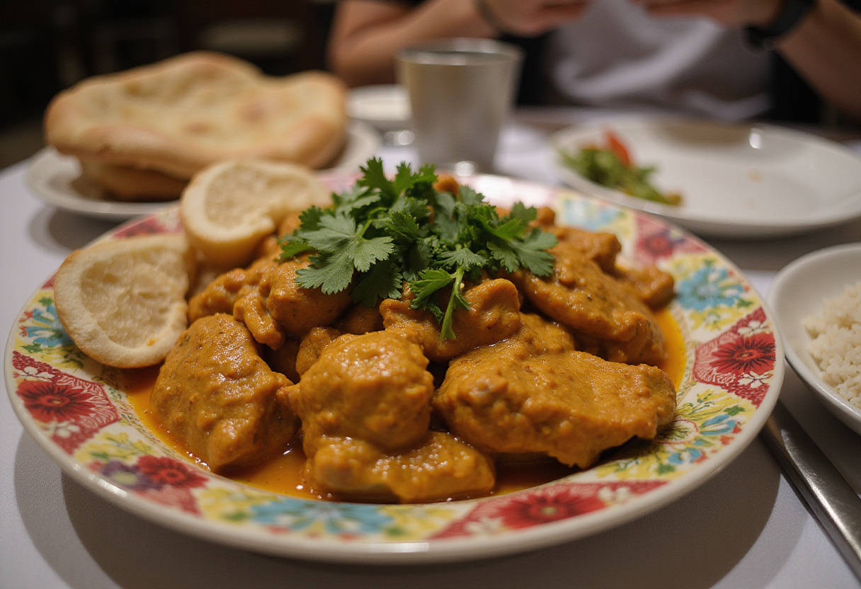 A stunning presentation of homemade butter chicken served with naan and rice, an inviting display of a flavorful Indian delight ready to be enjoyed.