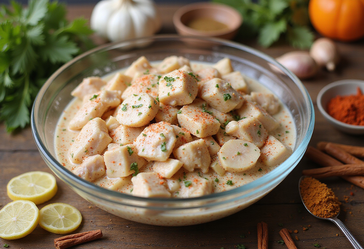 Marinated chicken pieces for homemade butter chicken surrounded by spices and herbs, showcasing ingredients for an easy Indian recipe.