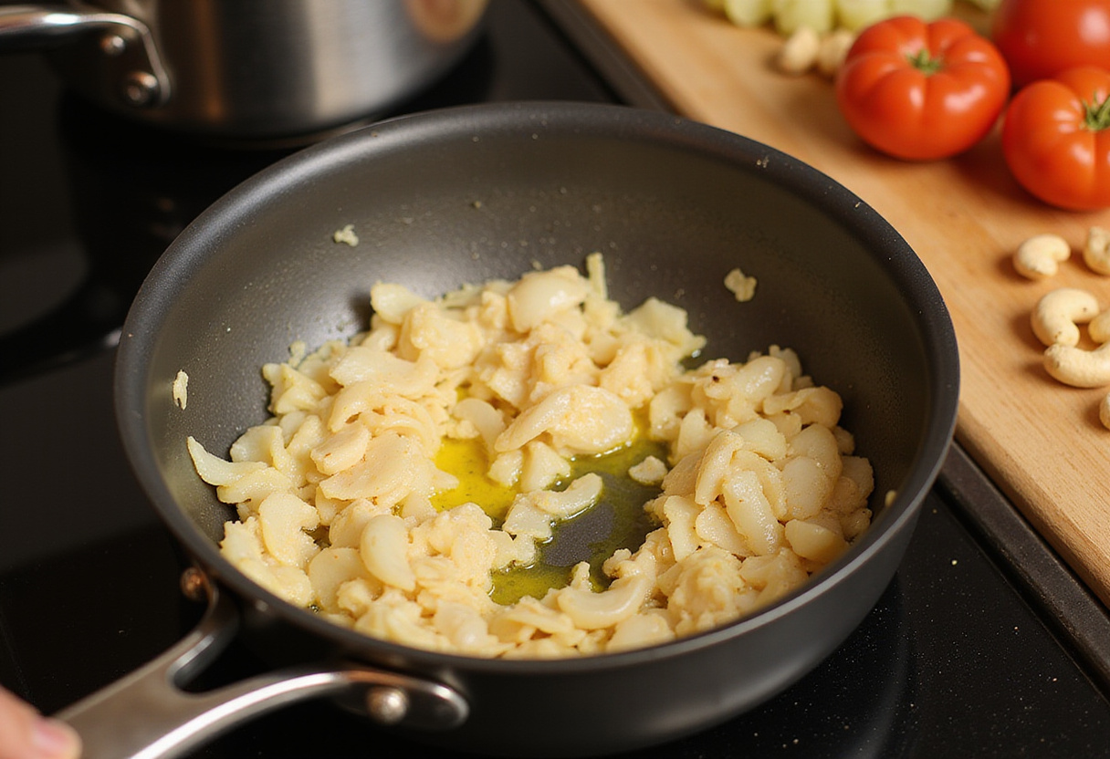 Onions sautéing in ghee in a pot for an authentic butter chicken, highlighting the preparation of a flavorful Indian dish.
