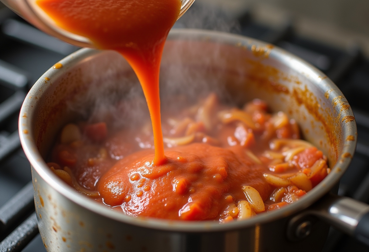 Tomato puree being added to the pot, creating a luscious sauce for homemade butter chicken, representing a key step in the cooking process.