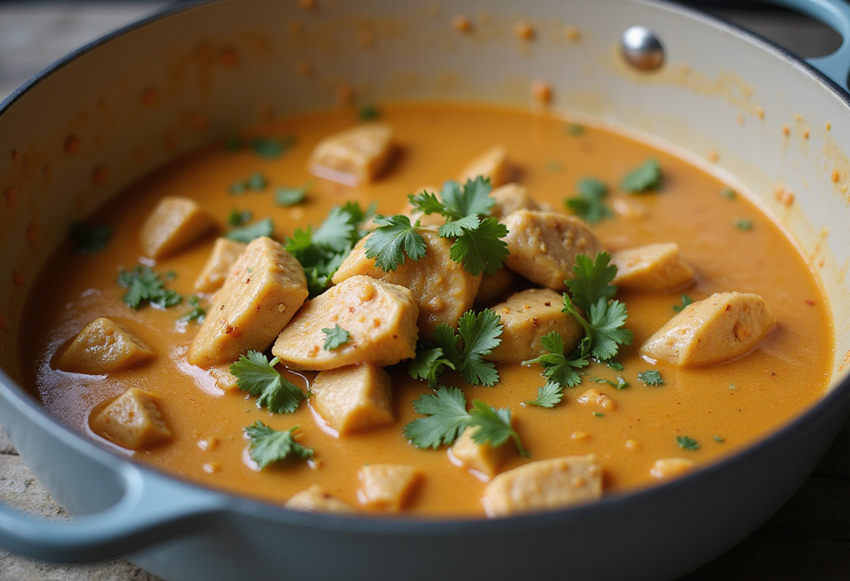 Combining marinated chicken with creamy tomato sauce for butter chicken, capturing a delicious moment in the preparation of this Indian favorite.