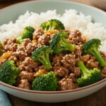Final presentation of quick and easy honey garlic ground beef and broccoli stir-fry, highlighting a delicious and colorful meal.