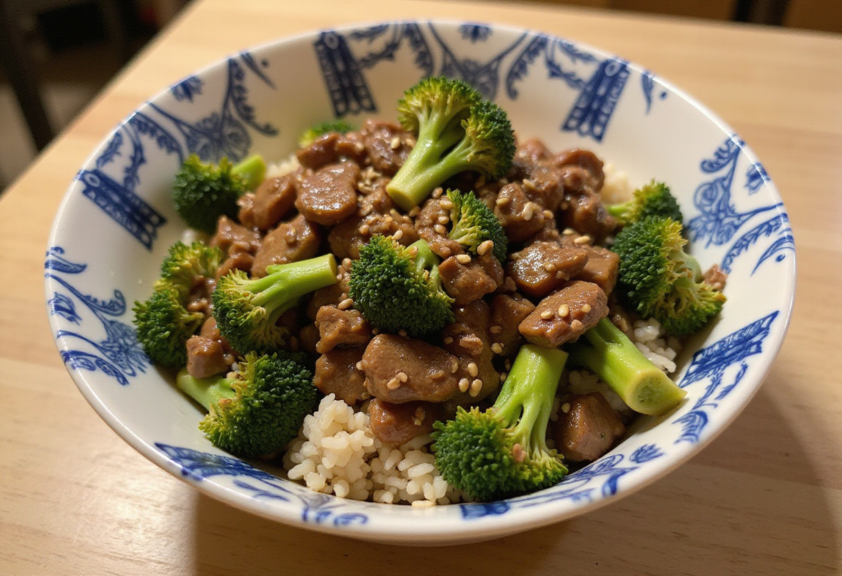 Final presentation of quick and easy honey garlic ground beef and broccoli stir-fry, highlighting a delicious and colorful meal.