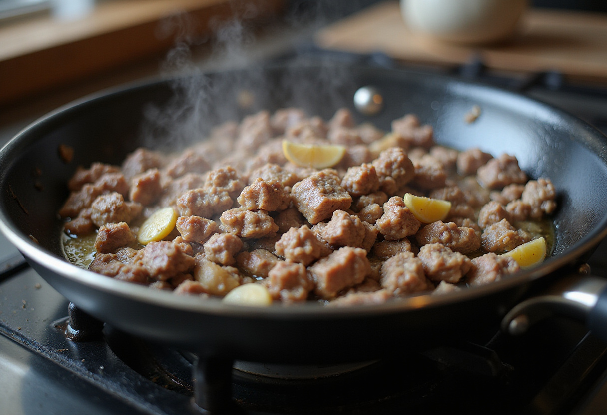 Sizzling ground beef in a skillet for honey garlic beef and broccoli stir-fry, showcasing a flavorful cooking process.