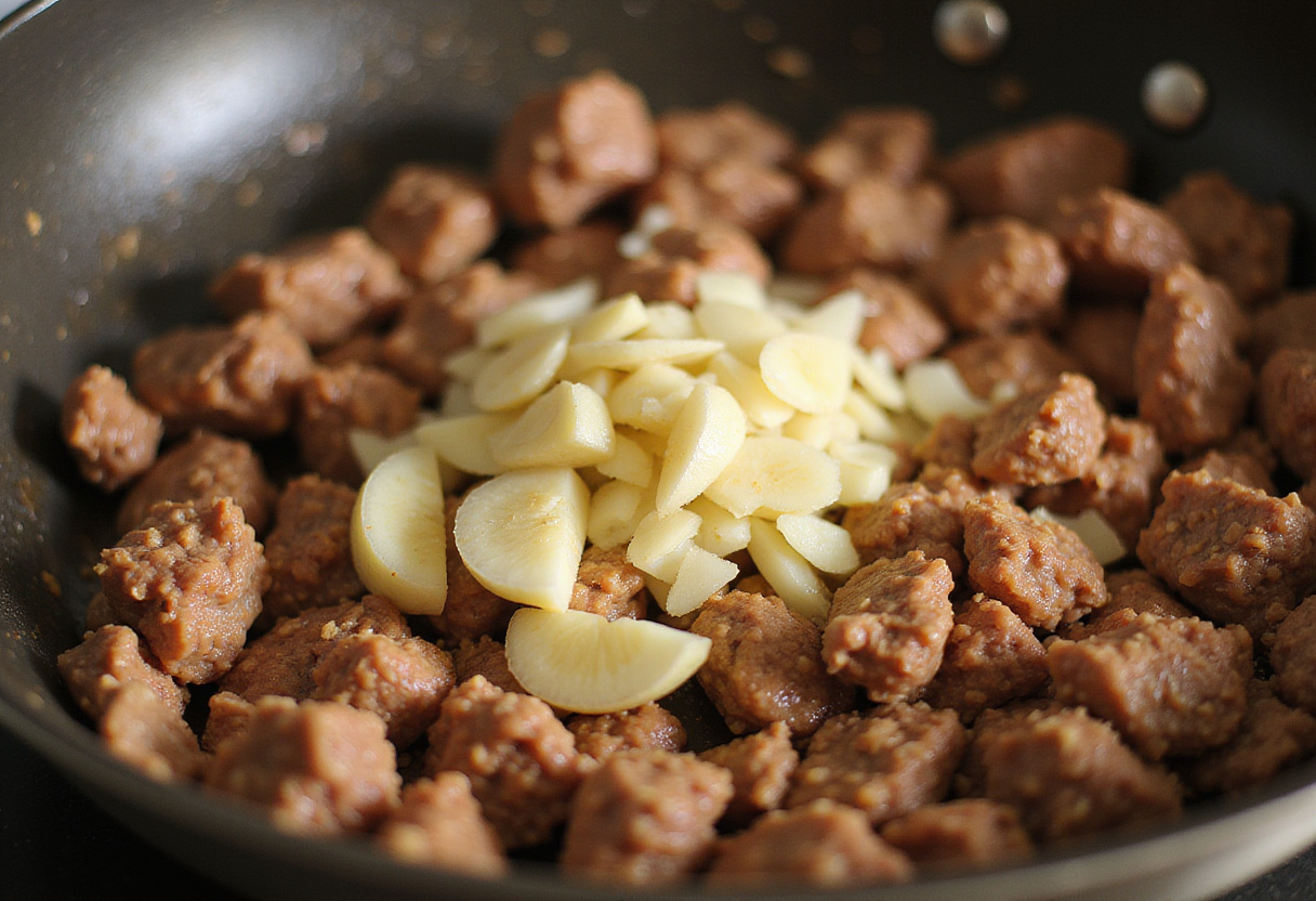 Sauteing garlic and ginger with ground beef for a quick honey garlic beef stir-fry, enhancing flavors in the dish.