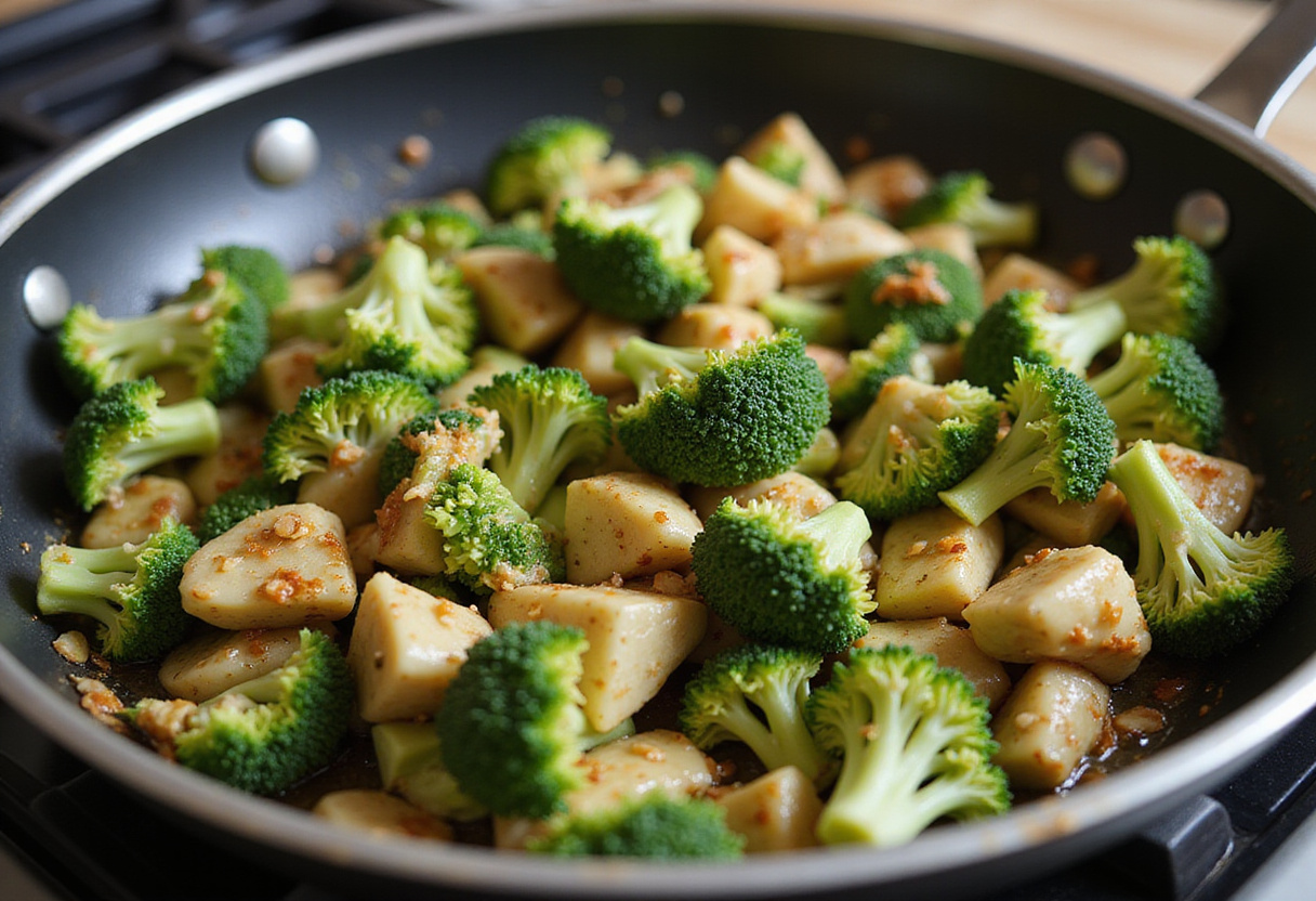 Adding broccoli to the honey garlic beef stir-fry, showcasing a colorful and healthy mix of ingredients in the pan.