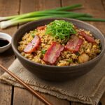 Serving of Quick and Flavorful Bacon Fried Rice in a rustic bowl, beautifully presented and ready to enjoy with complementary soy sauce and chopsticks.