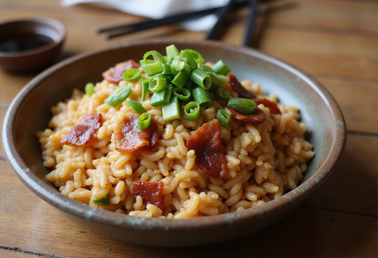 Serving of Quick and Flavorful Bacon Fried Rice in a rustic bowl, beautifully presented and ready to enjoy with complementary soy sauce and chopsticks.
