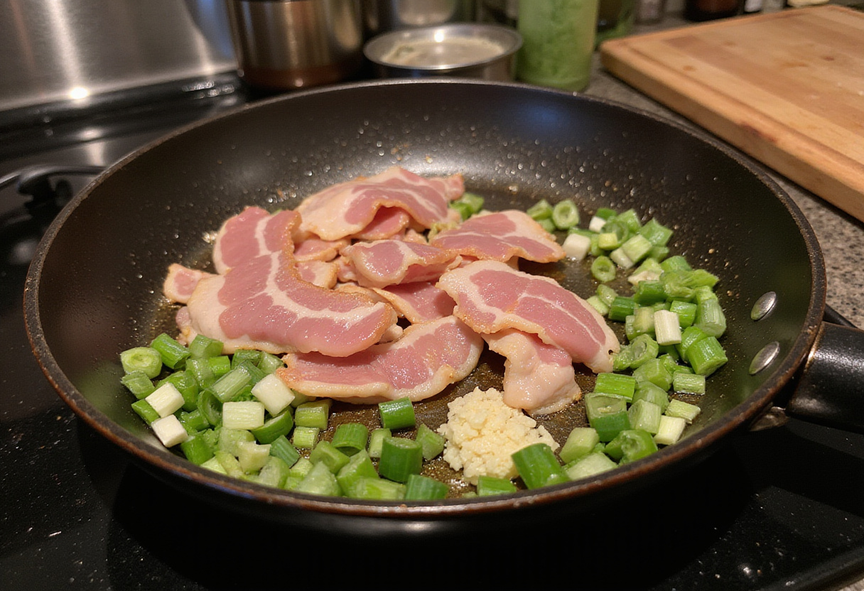 Delicious bacon sizzling in a skillet for Quick and Flavorful Bacon Fried Rice, with green onions and garlic prepared for cooking.