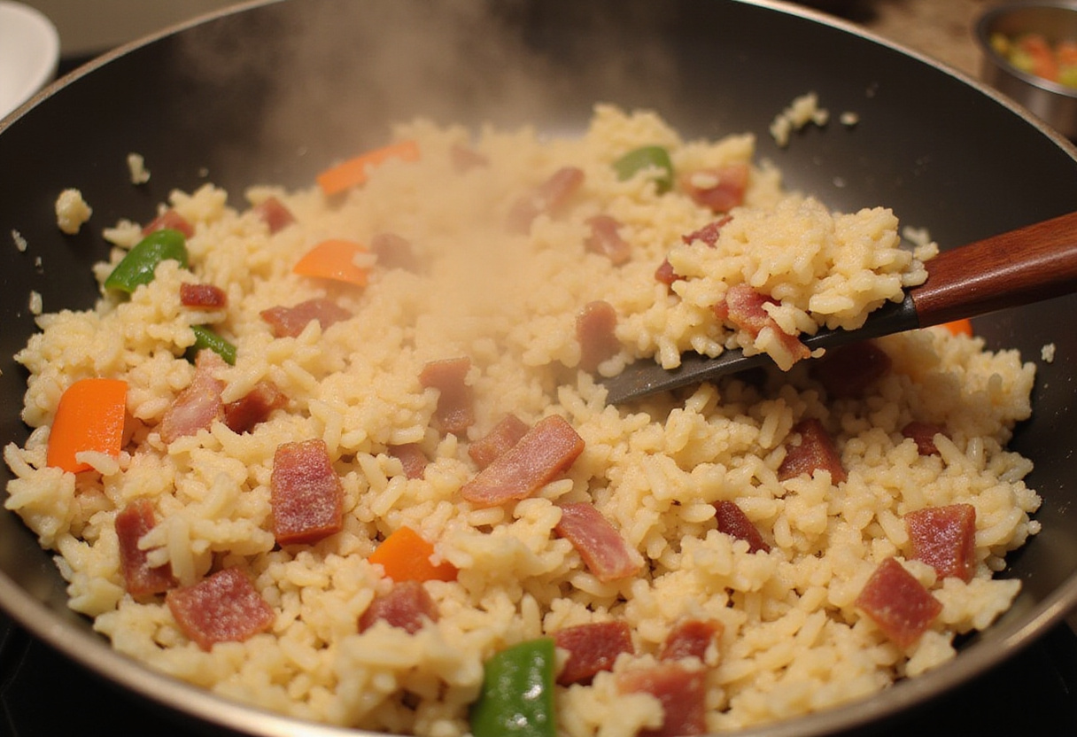 Adding fluffy rice to the crispy bacon for an appetizing Bacon Fried Rice recipe, enhancing flavor and texture with colorful vegetables.