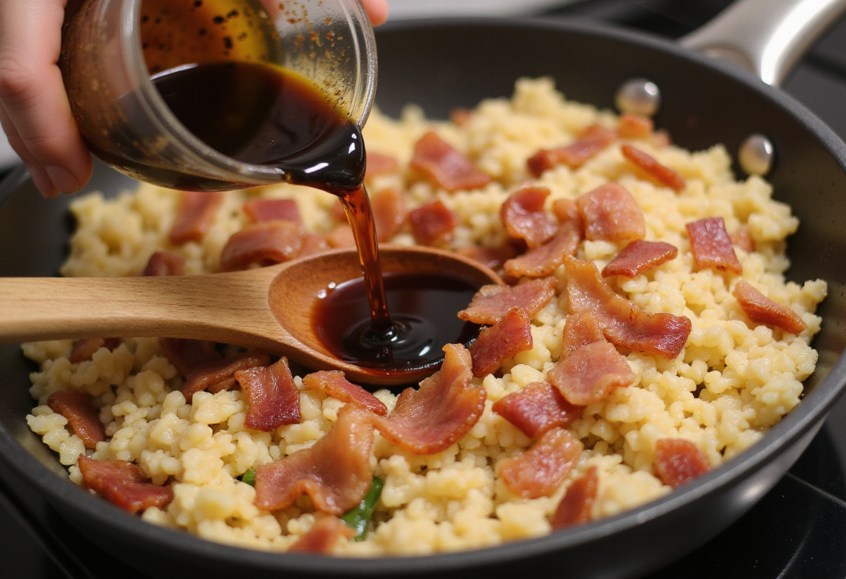 Pouring soy sauce into the Bacon Fried Rice mixture, ensuring maximum flavor in this quick and delightful recipe as the ingredients blend together.