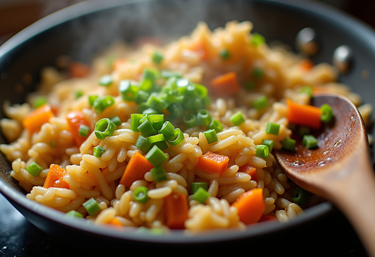 Vibrant and colorful Bacon Fried Rice in a skillet, showcasing the final cooking stage before serving, with delicious ingredients mixed together.