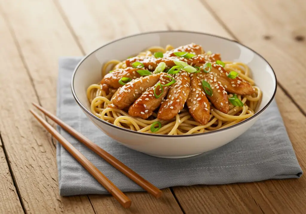 Final presentation of Quick and Flavorful Chicken Teriyaki Noodles, featuring garnishes and a visually appealing arrangement ready to be enjoyed.