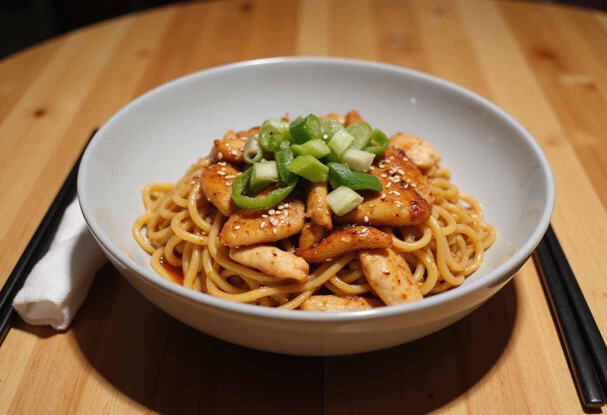 Final presentation of Quick and Flavorful Chicken Teriyaki Noodles, featuring garnishes and a visually appealing arrangement ready to be enjoyed.