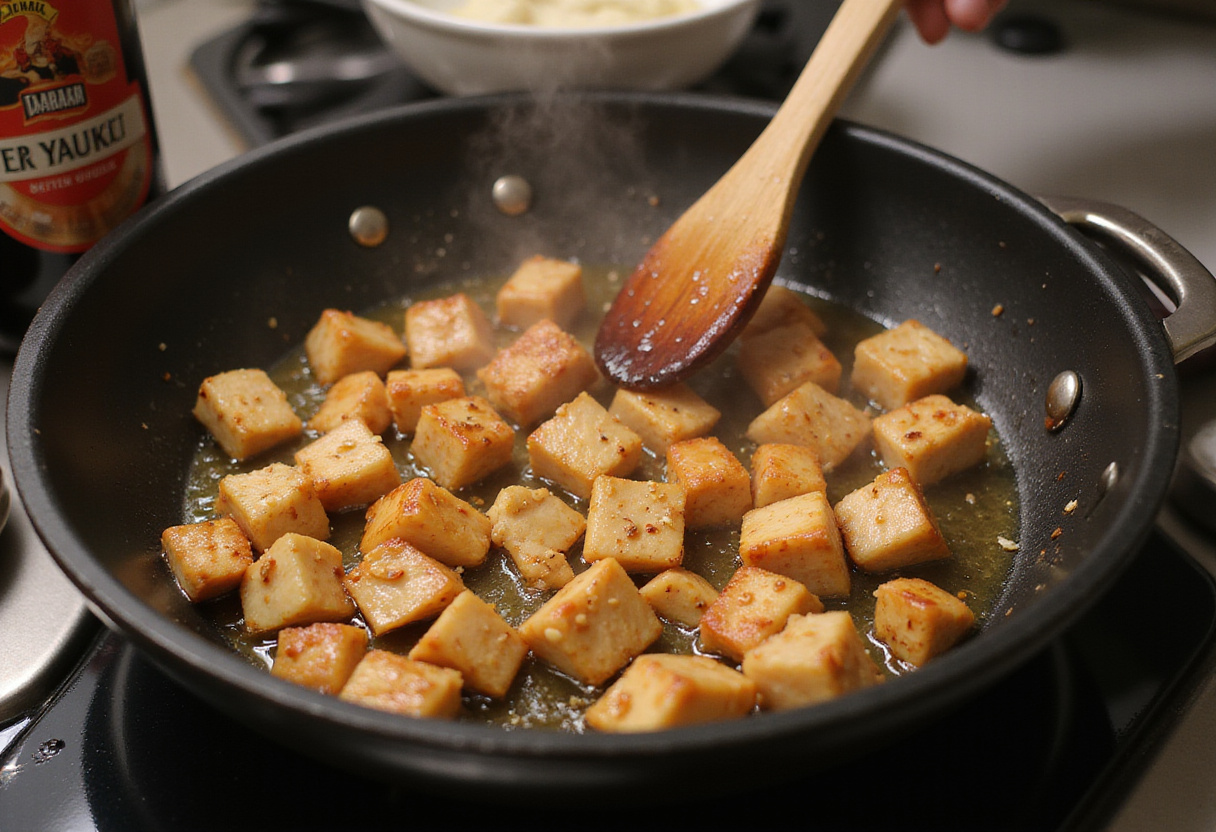 Sauteing cubed chicken in sesame oil for Quick and Flavorful Chicken Teriyaki Noodles, highlighting the cooking process and teriyaki sauce preparation.