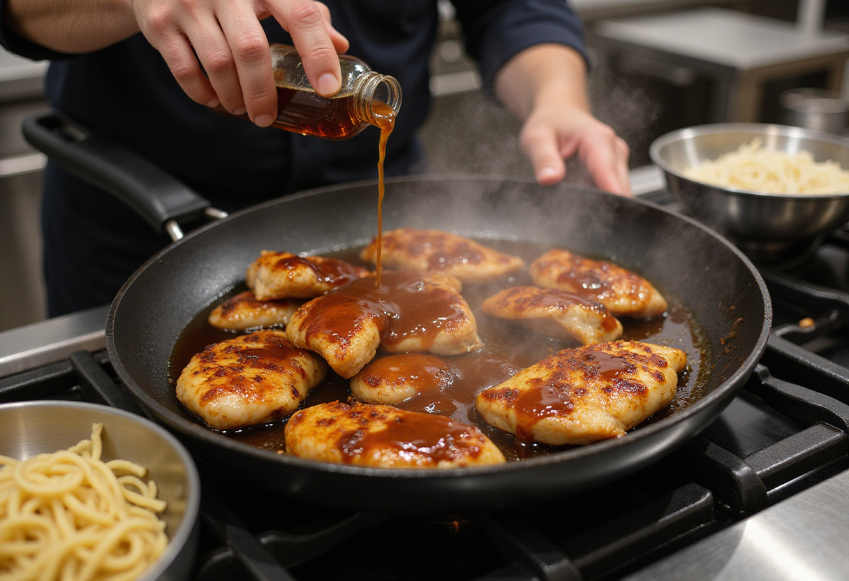 Pouring teriyaki sauce over chicken for Quick and Flavorful Chicken Teriyaki Noodles, creating a tasty and aromatic dish.