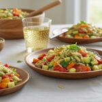 A beautifully arranged plate of Rainbow Orzo Salad showcasing vibrant orzo and fresh vegetables ready to be served at a dinner table.