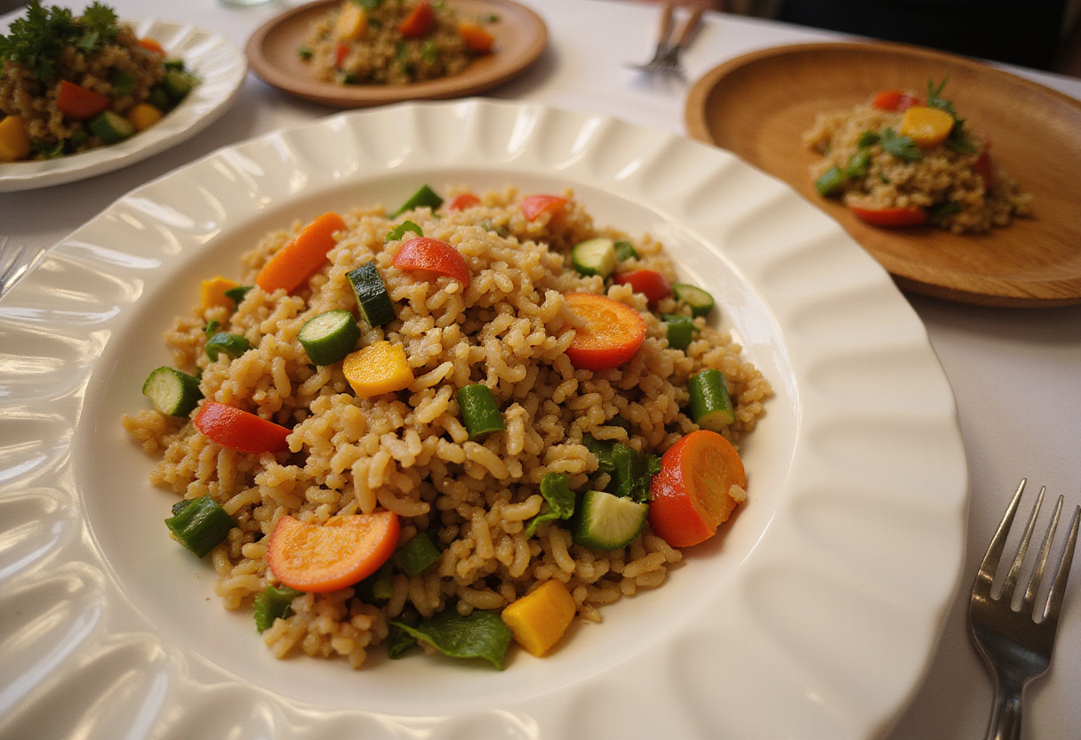 A beautifully arranged plate of Rainbow Orzo Salad showcasing vibrant orzo and fresh vegetables ready to be served at a dinner table.