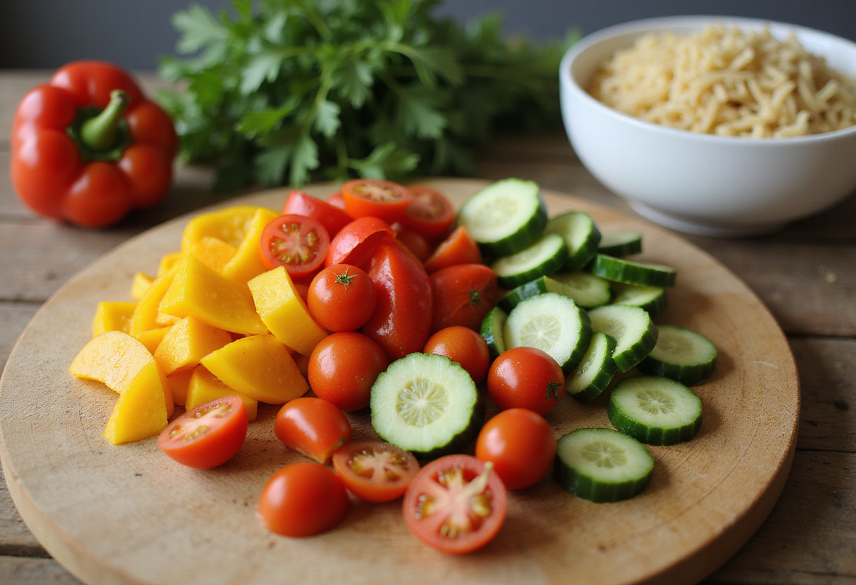 Chopped colorful vegetables including bell peppers, cherry tomatoes, and cucumbers prepared for a Rainbow Orzo Salad in a bright kitchen setting.