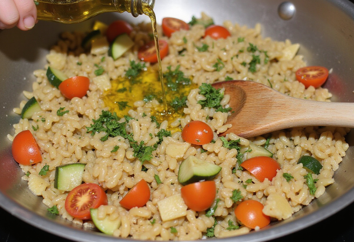 Mixing cooked orzo pasta with fresh vegetables and a dressing of olive oil and lemon juice for a delicious Rainbow Orzo Salad.