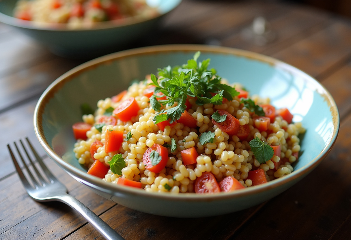 A beautifully presented Rainbow Orzo Salad in a serving bowl, placed on a rustic wooden table, enticingly garnished with fresh herbs.