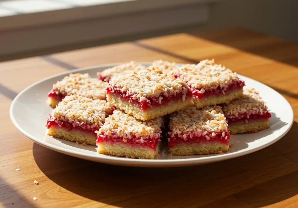Delicious Raspberry Coconut Bars with Almond Crust on a plate, showcasing the perfect dessert for any occasion.