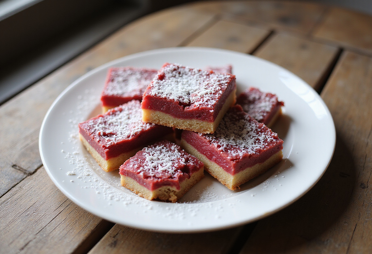 Delicious Raspberry Coconut Bars with Almond Crust on a plate, showcasing the perfect dessert for any occasion.