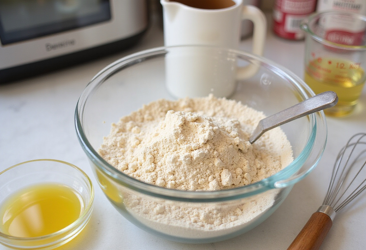 Almond flour and melted coconut oil in a mixing bowl for Raspberry Coconut Bars, perfect for a healthy dessert.