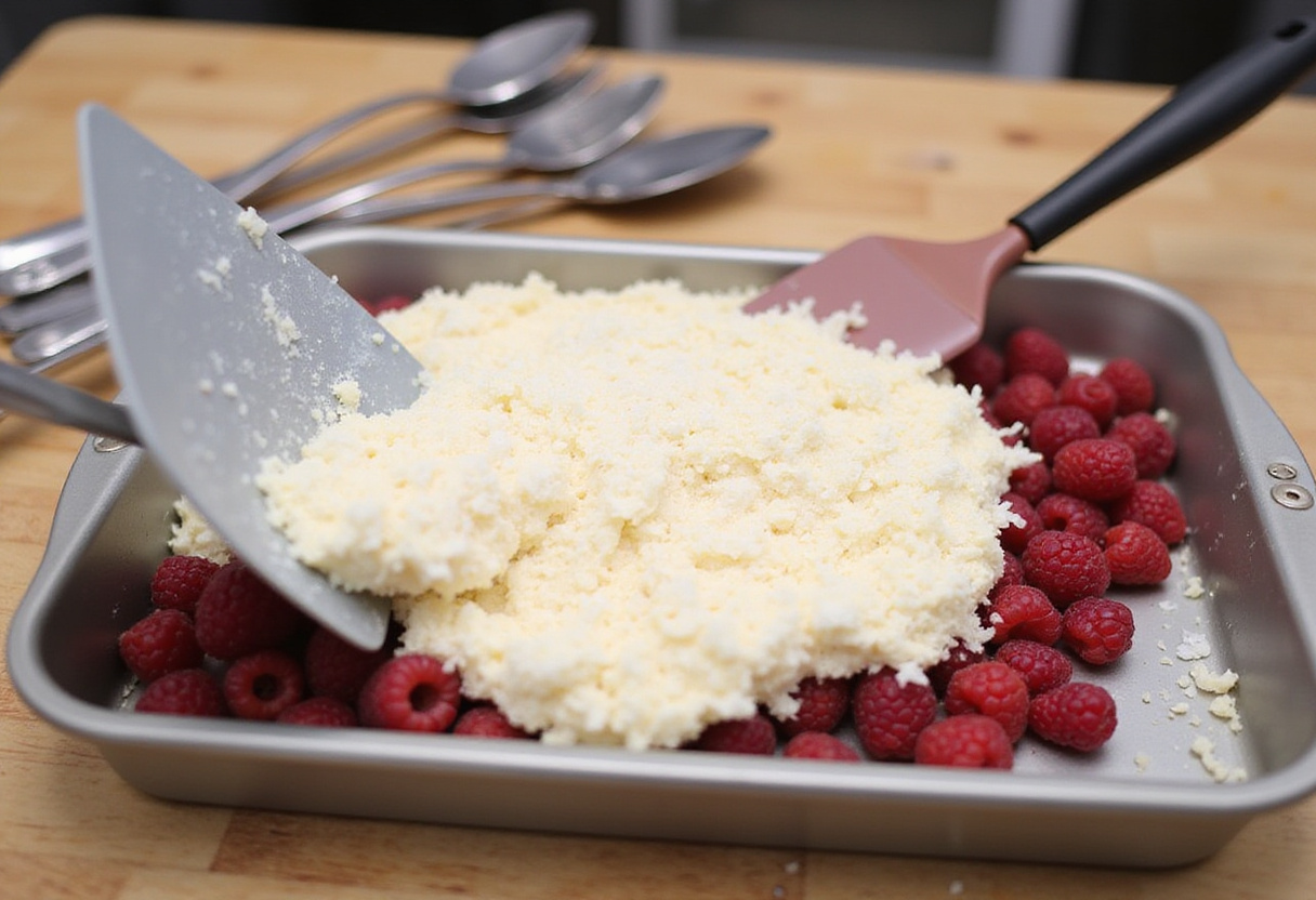Coconut mixture being poured over raspberries in baking pan for Raspberry Coconut Bars, illustrating the final layer of this delightful treat.