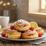 Final display of raspberry-lemon brioche rolls, showcasing fluffy pastries with raspberry and lemon flavors, ideal for a delightful dessert.