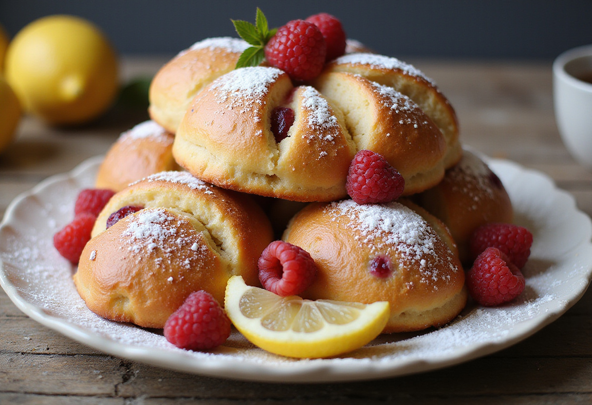 Final display of raspberry-lemon brioche rolls, showcasing fluffy pastries with raspberry and lemon flavors, ideal for a delightful dessert.