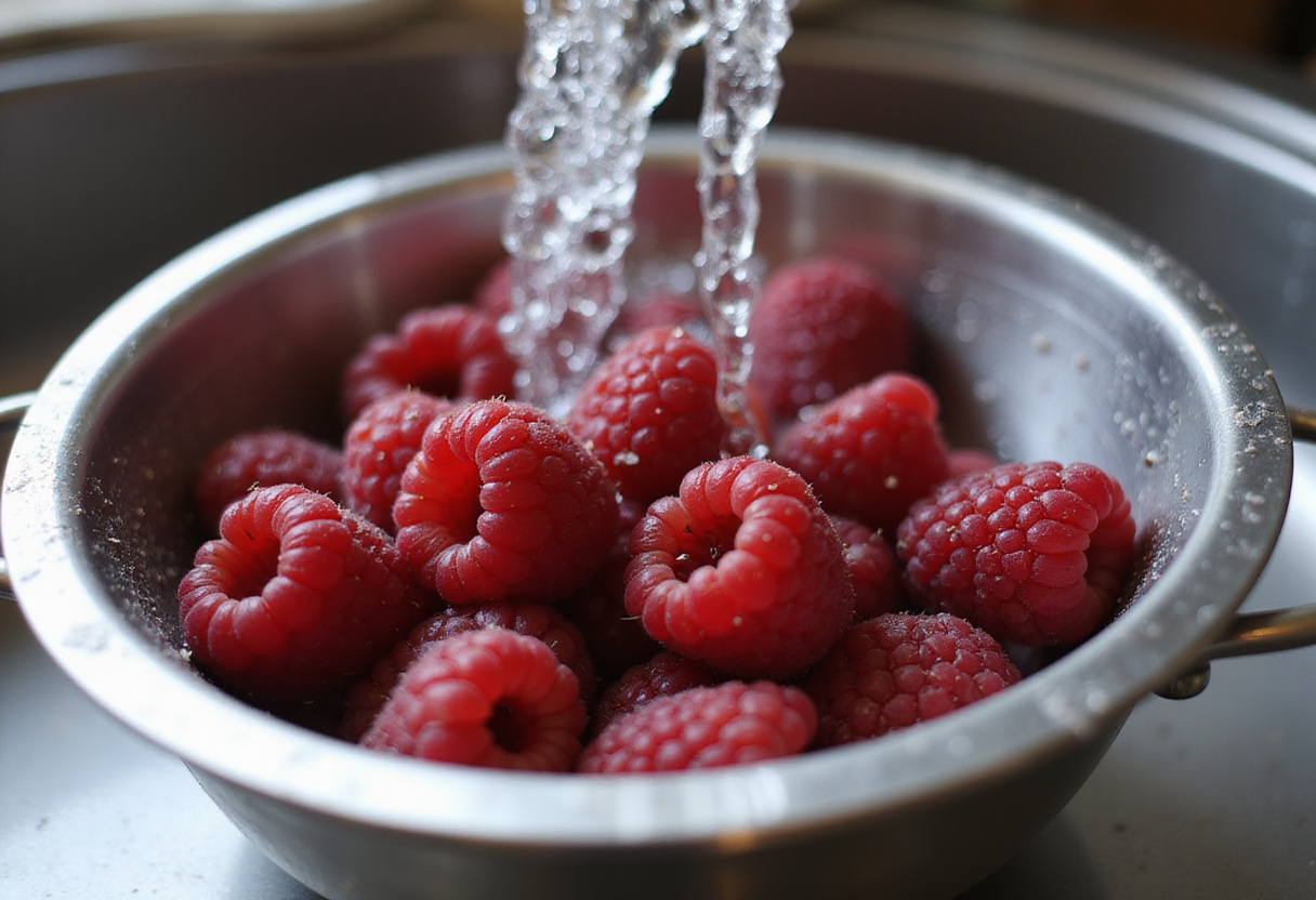 Fresh raspberries being rinsed for raspberry-lemon brioche rolls, highlighting juicy, red berries ready for baking.
