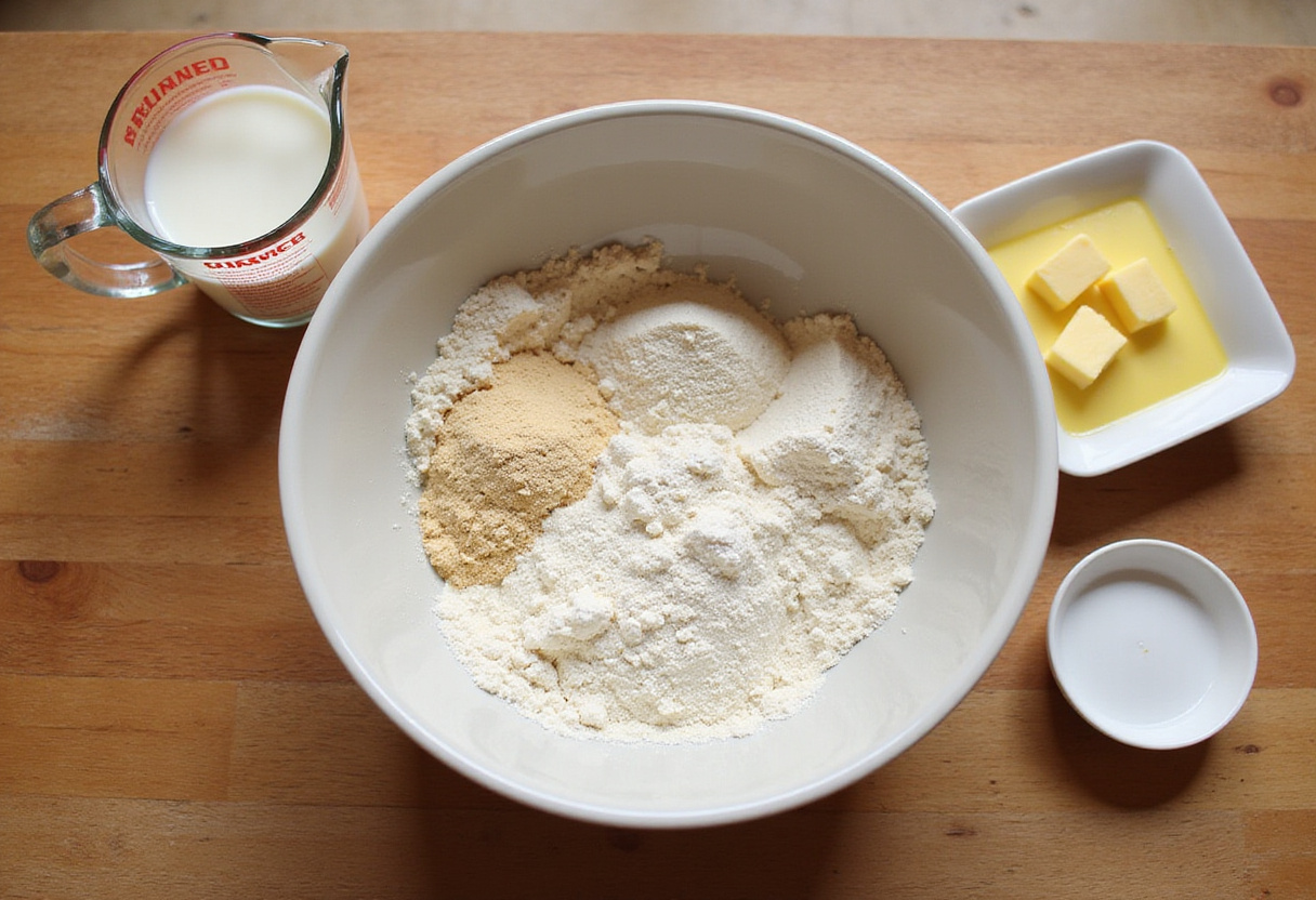 Ingredients for raspberry-lemon brioche rolls on a kitchen counter including flour, sugar, yeast, milk, and melted butter, showcasing a baking setup.