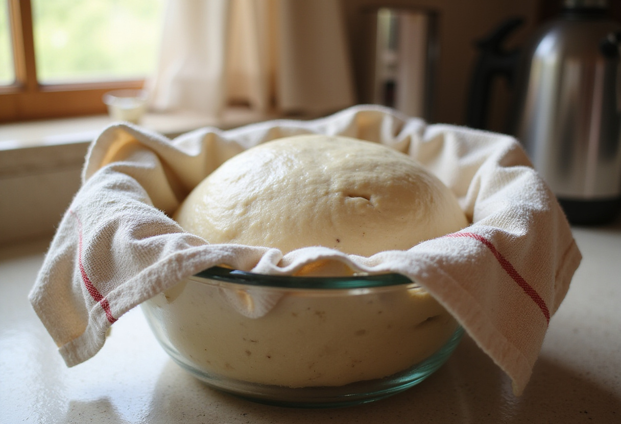 Brioche dough rising in a bowl, depicting the fermentation process for raspberry-lemon brioche rolls in a cozy kitchen ambiance.