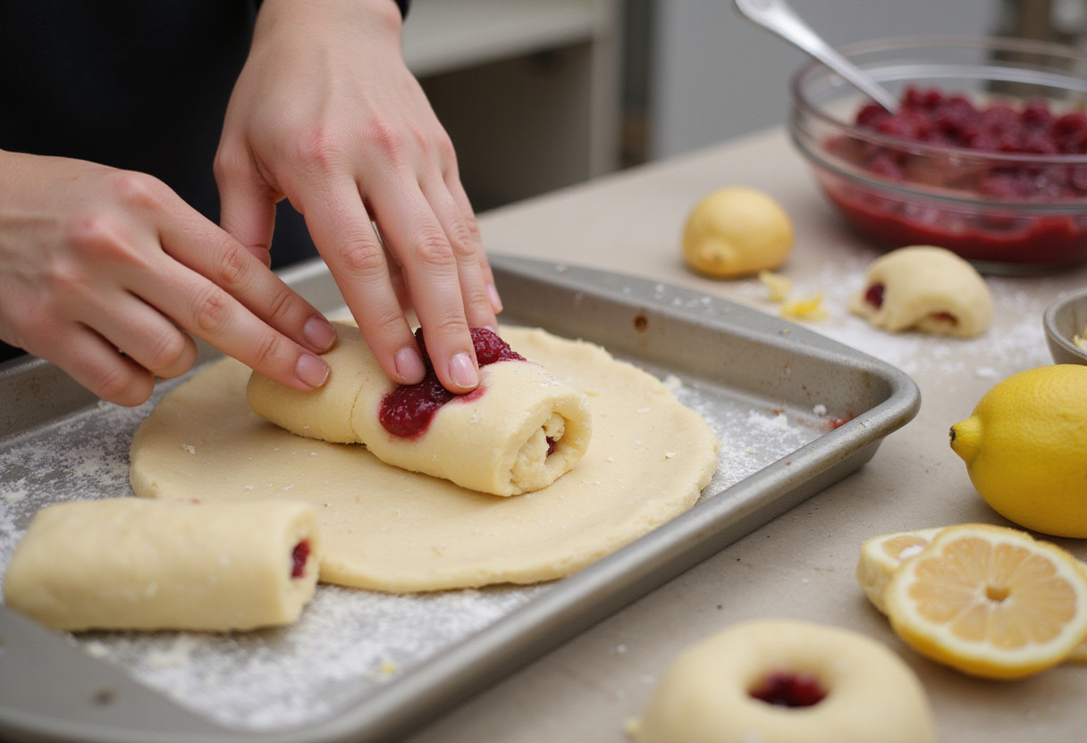 Shaping dough into rolls for raspberry-lemon brioche, showing the preparation of delicious pastries ready for baking.