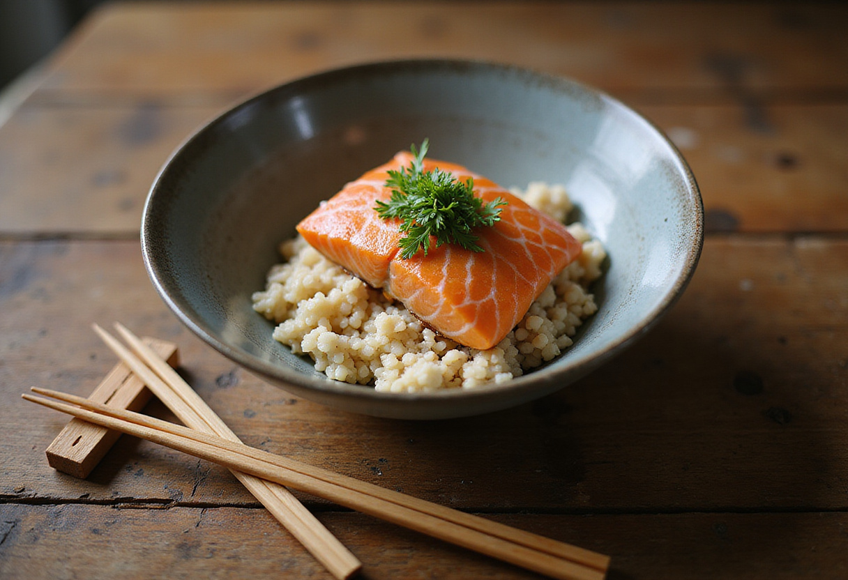 A beautifully presented Salmon Rice Bowl on a wooden table, highlighting the flavors of salmon, rice, and vegetables in a delicious meal.