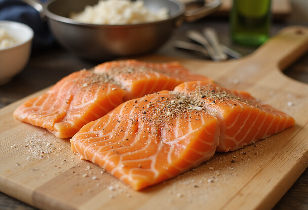 Freshly seasoned salmon fillet on a wooden cutting board for a delicious Salmon Rice Bowl, showcasing vibrant colors and cooking preparations.