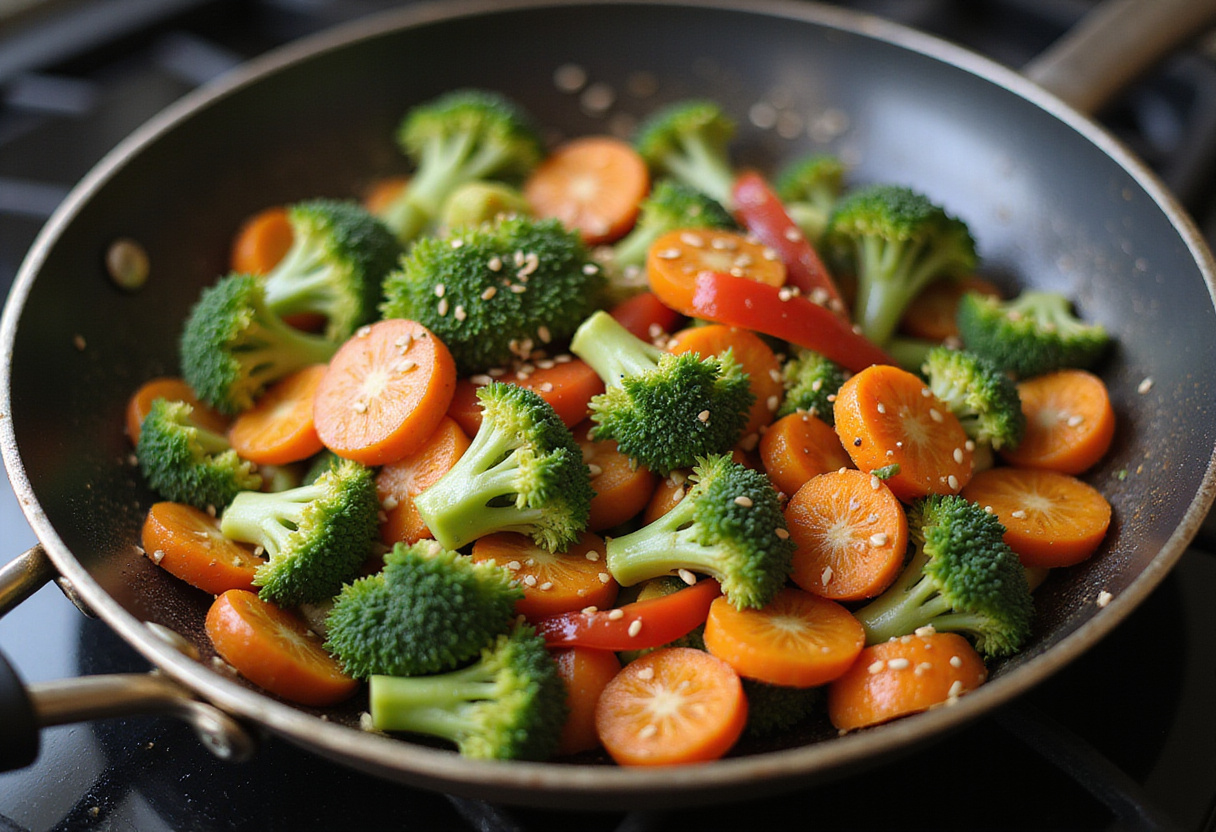 Sautéed vegetables for a healthy Salmon Rice Bowl, demonstrating the cooking technique and vibrant colors of fresh ingredients.