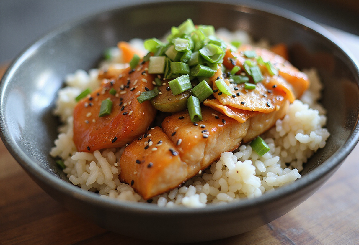 A deliciously arranged Salmon Rice Bowl featuring jasmine rice, salmon, and colorful vegetables, perfect for a nutritious meal.