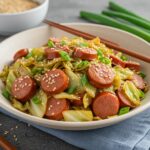 Plated sausage and cabbage stir fry garnished with sesame seeds and green onions, showcasing a delightful and appetizing dish.