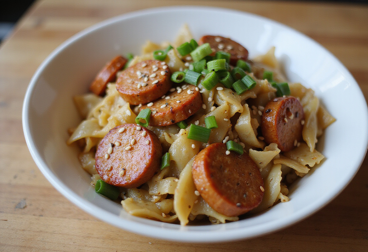 Plated sausage and cabbage stir fry garnished with sesame seeds and green onions, showcasing a delightful and appetizing dish.