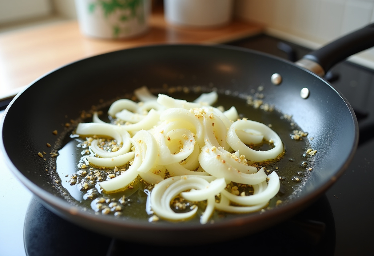 Sizzling onions and garlic in olive oil for a delicious sausage and cabbage stir fry dish.
