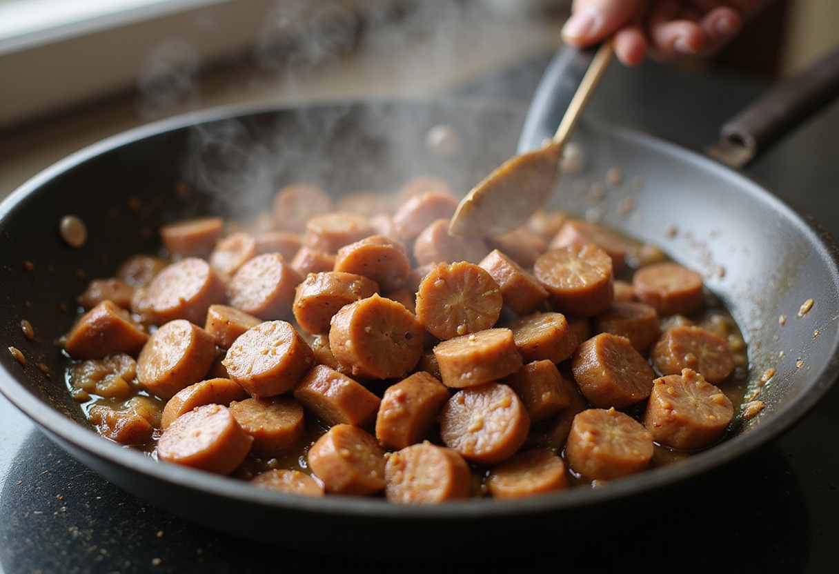 Adding sausage chunks to the skillet while preparing a savory sausage and cabbage stir fry.