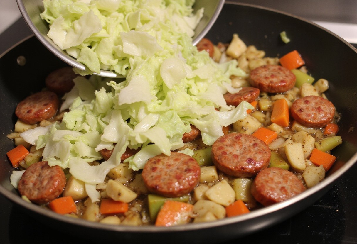 Tossing fresh shredded cabbage into the skillet for a colorful sausage and cabbage stir fry.