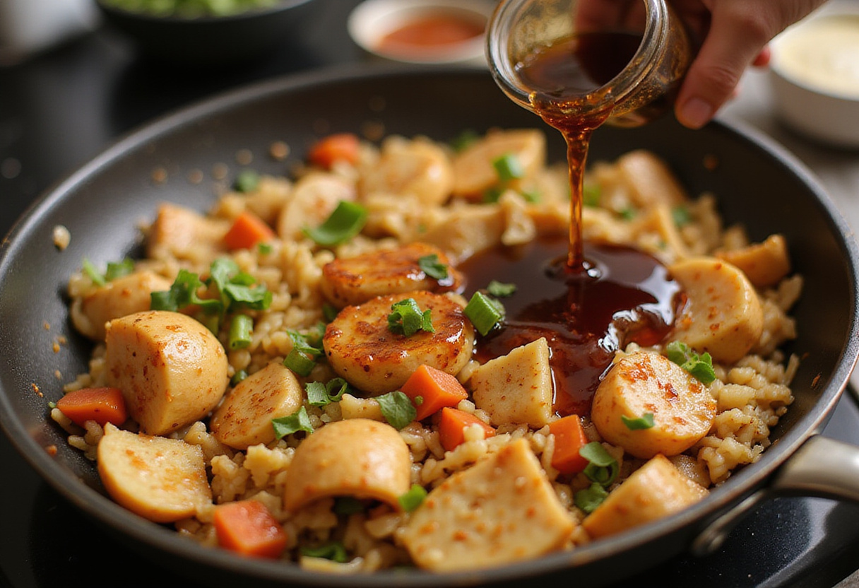 Pouring soy sauce into the skillet, enhancing the flavors in a delicious sausage and cabbage stir fry.