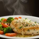Final presentation of Savory Blackstone Garlic Parmesan Chicken Delight, served with crispy vegetables and herbs.