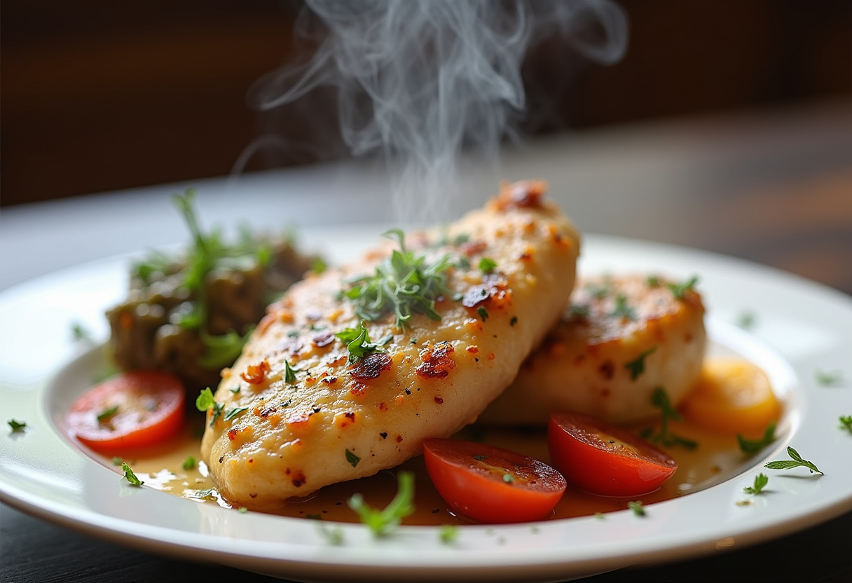Final presentation of Savory Blackstone Garlic Parmesan Chicken Delight, served with crispy vegetables and herbs.