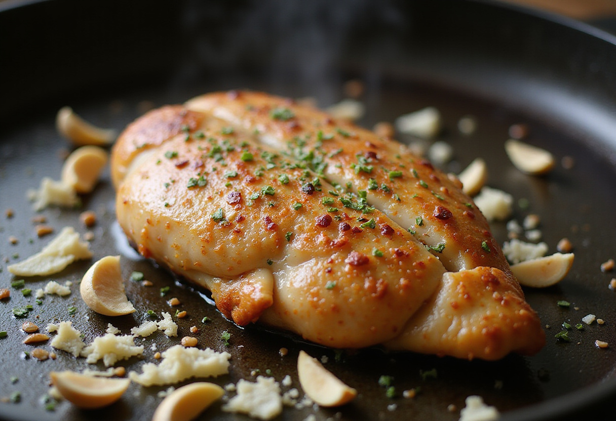 Savory Blackstone Garlic Parmesan Chicken Delight preparation with seasoned chicken breast, fresh garlic, and parmesan on griddle.